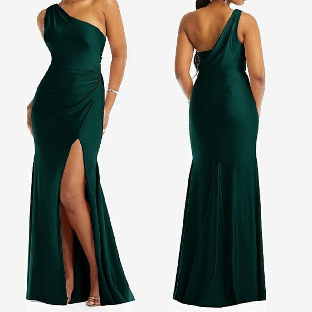 Dessy Cynthia & Sahar Gown Size S One Shoulder Satin Mermaid Dress Evergreen